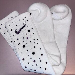 Swoosh White Crew Socks with Purple and Black Rhinestone.